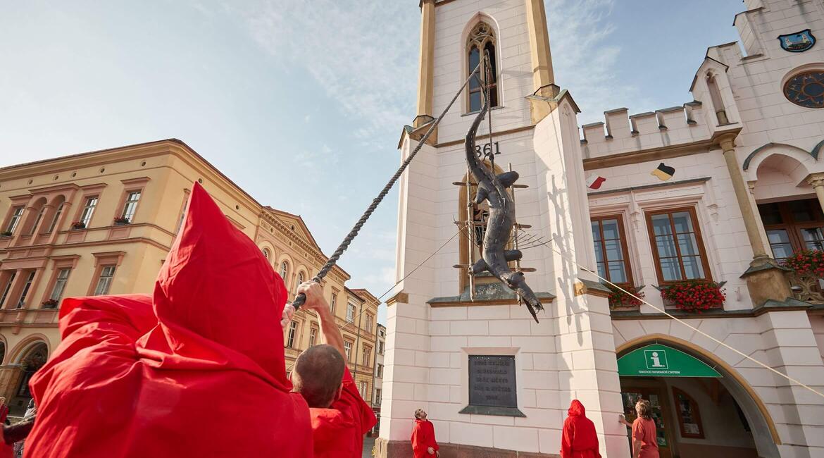 Trutnov, Krakonošovo náměstí, Stará radnice, sundávání draka